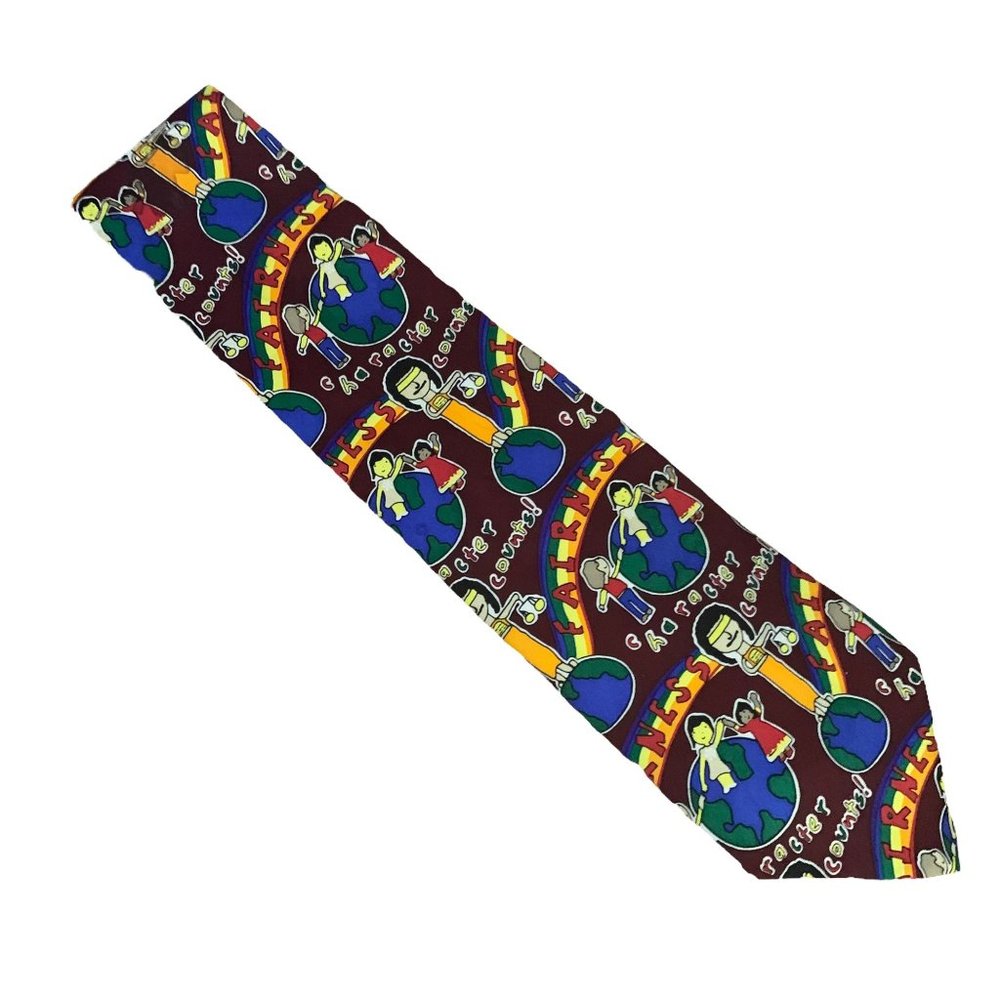 Vintage 90s Character Counts Fairness Silk Tie Maroon Red 3.75 Rainbow Necktie - Picture 2 of 5